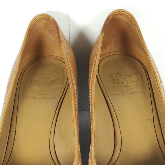 Tory Burch Women’s Sally US7,5M Brown Leather Logo Closed Toe Wedge Pumps Shoes - Picture 12 of 16